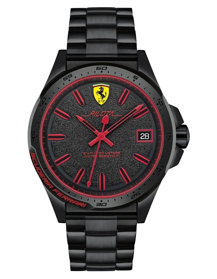 Scuderia Ferrari Pilota - Black IP Case - Red Accents - Bracelet - Date