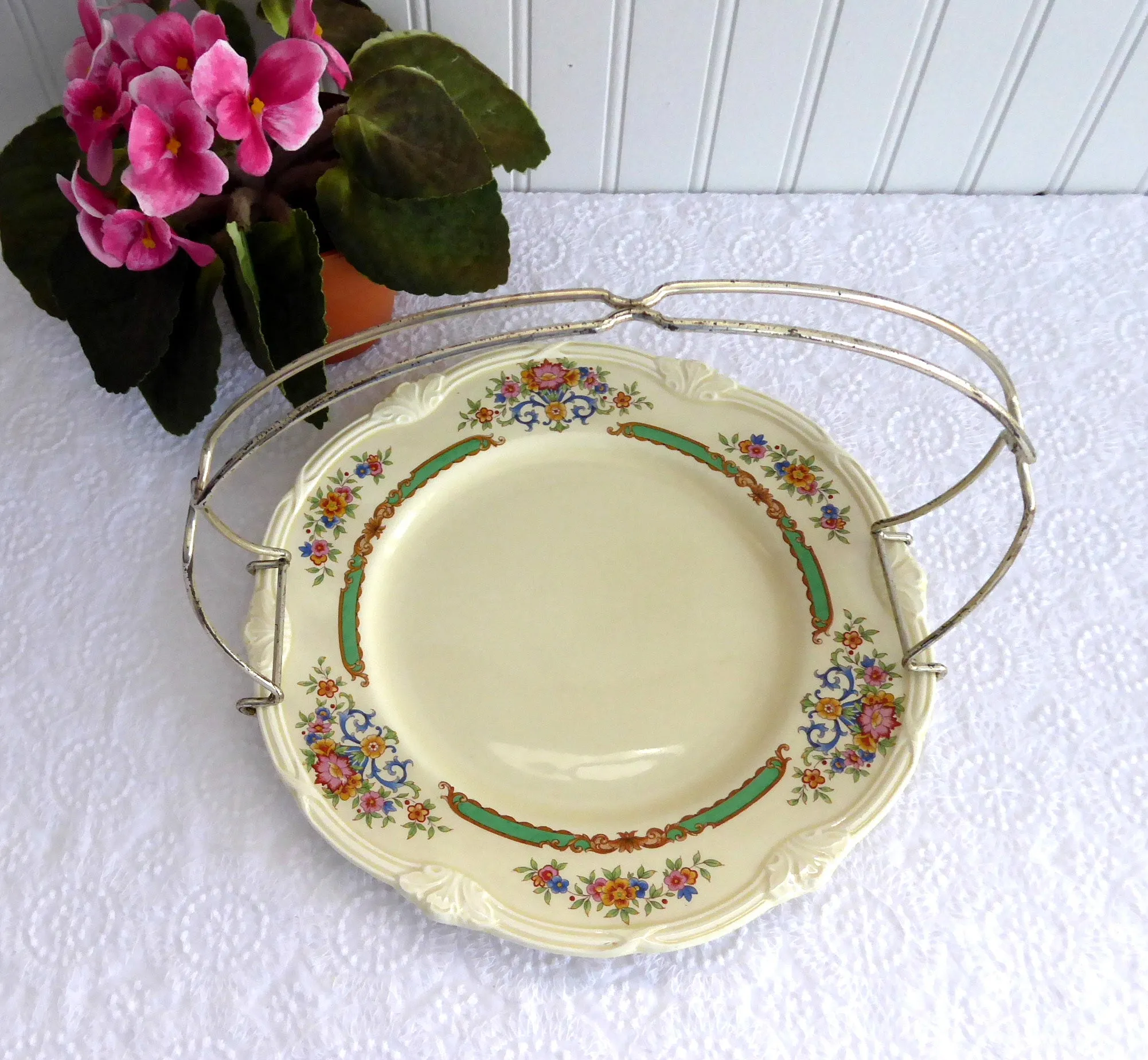 Serving Plate With Silver Handle Grindley Weymouth Petit Fours Tidbit Server Floral 1940s