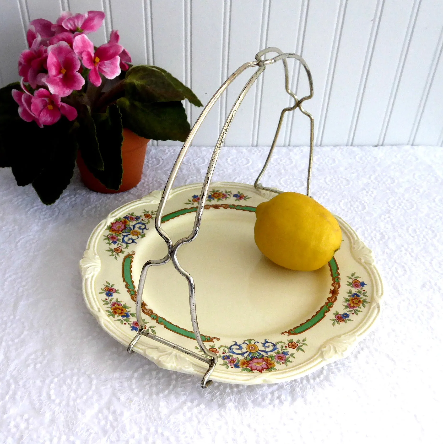 Serving Plate With Silver Handle Grindley Weymouth Petit Fours Tidbit Server Floral 1940s