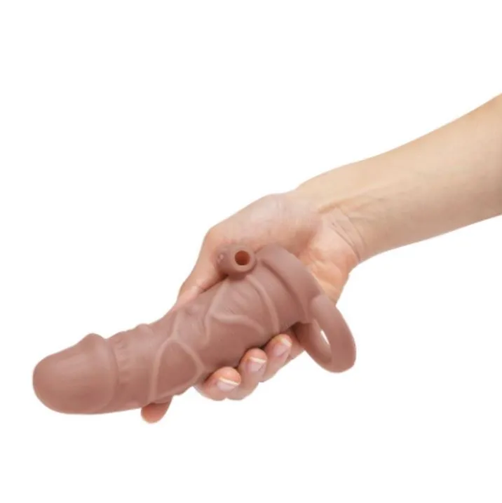 Size Up Silicone Vibrating 1 Inch Realistic Penis Extender Tan