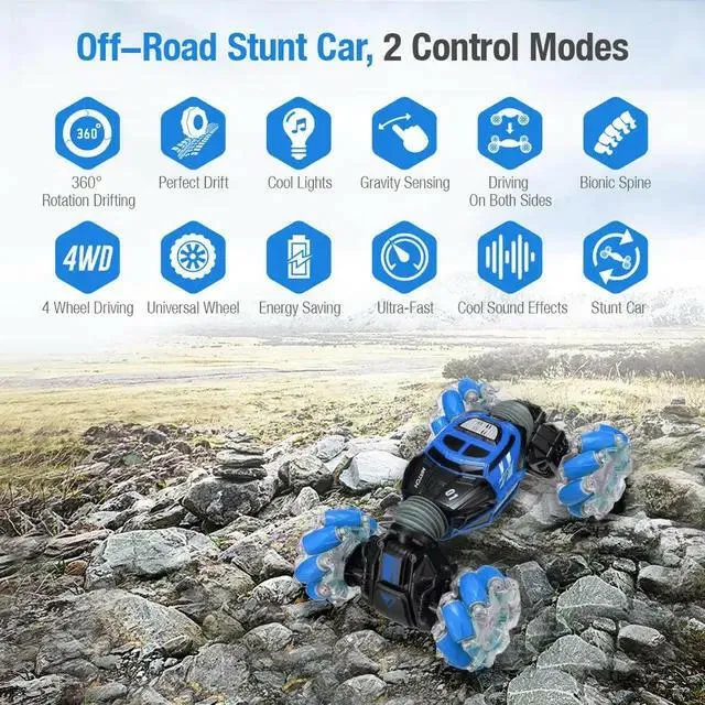 Skidding Stunt Twister Car With Remote Control and Gesture Sensor Double Sided Rotating Off Road Vehicle Blue