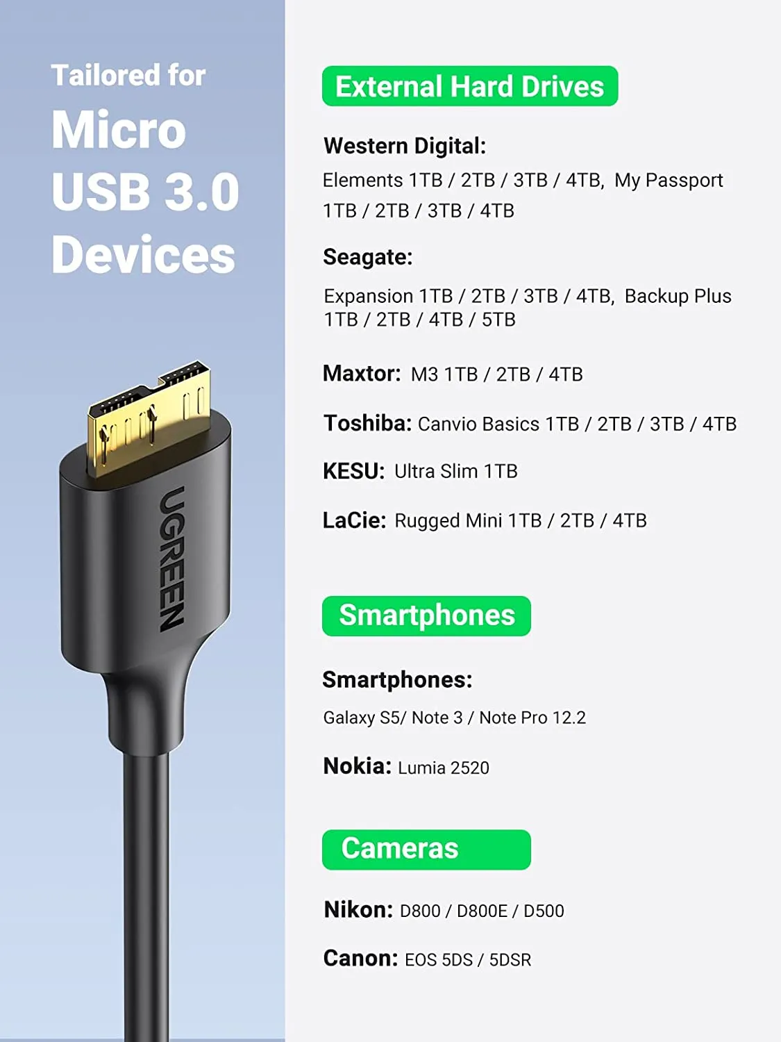 Ugreen Gold Plated USB 3.0 A Male to Micro B Male Adapter Cable, Supper Speed Data Sync Charger Charging Cable Cord, for Samsung Galaxy S5 Note 3 | Galaxy Note Pro 12.2 /Tab Pro 12.2 | Nokia Lumia 2520 Tablet etc 3ft/1m - 10841