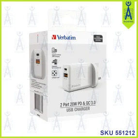 VERBATIM 66633 2 PORT USB CHARGER 20W PD & QC3.0