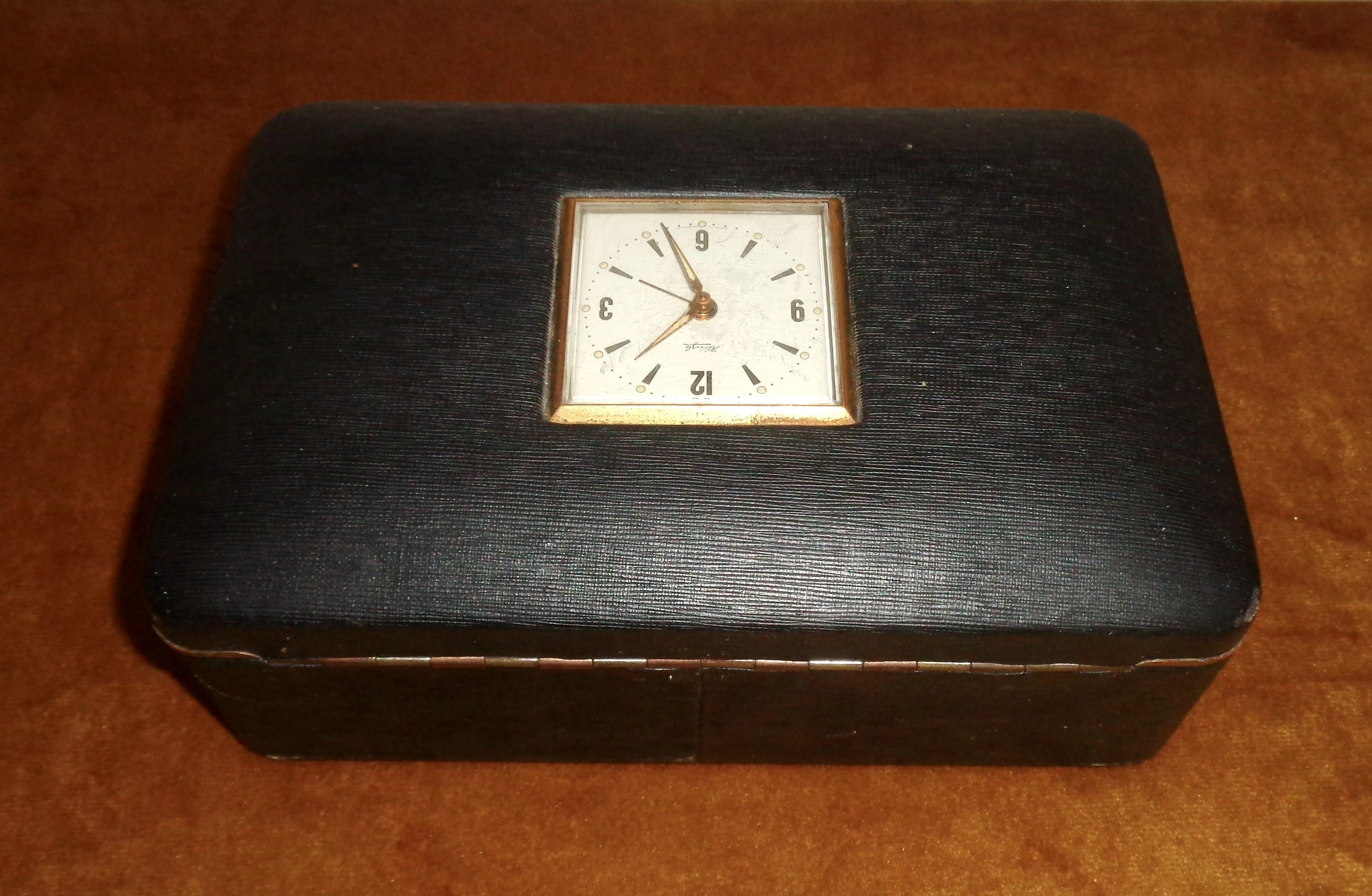 Vintage Kienzle Travel Clock Set In A Metal Jewellery / Cigar Case