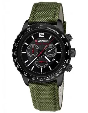 Wenger Mens Roadster Black Night Chronograph - Black PVD - Green Nylon Strap