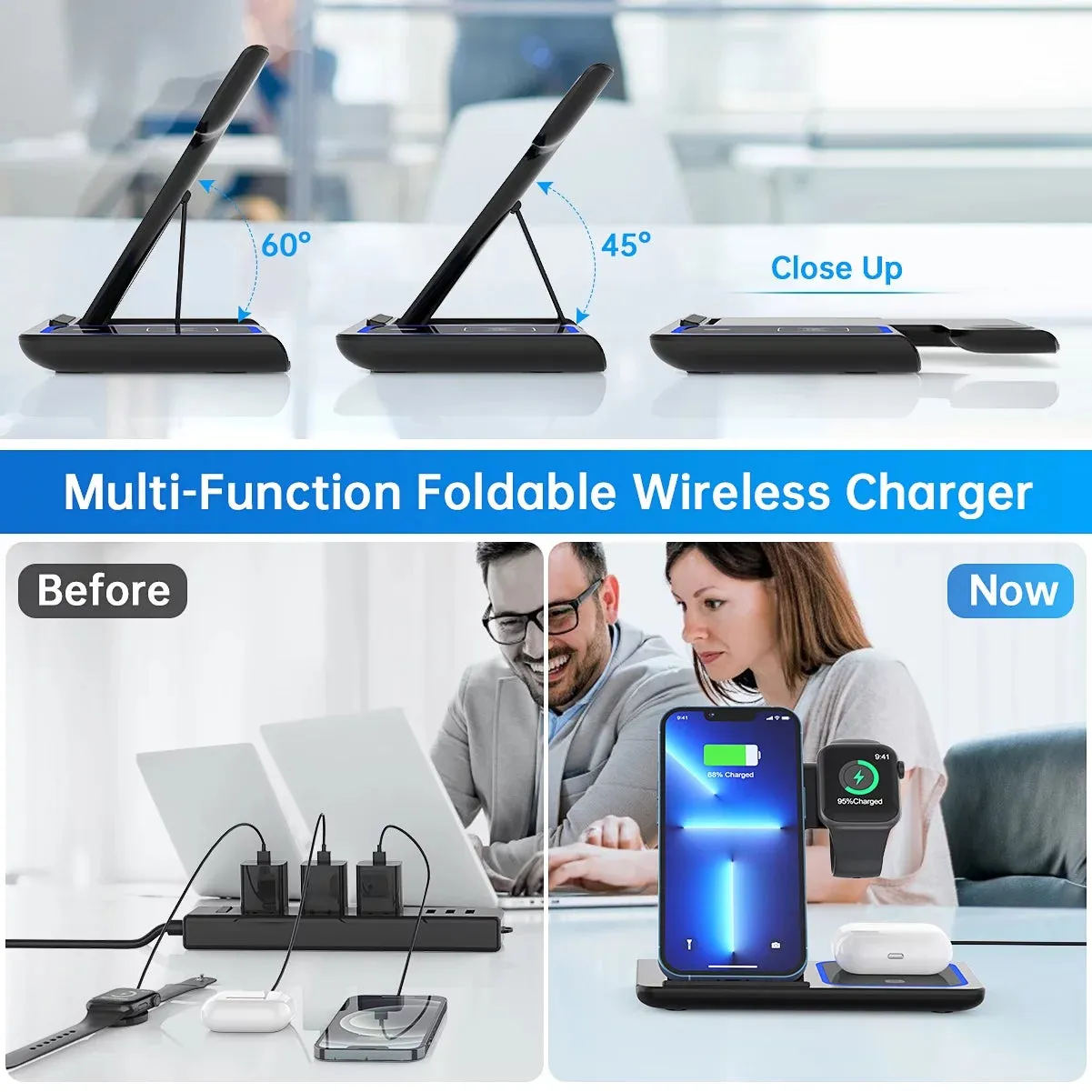 Wireless Charger, 18W Fast Iphone Charging Station for Iphone 16/15/14/13/12 /11/Pro Max/Plus, 3 in 1 Wireless Charging Stand for Iwatch Series SE 10/9/8/7/6/5/4/3, Airpods Pro/3/2 (W/ QC3.0 Adapter)