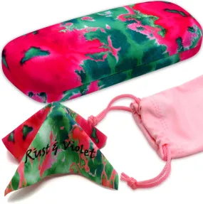 Women hard glasses case - eyeglass case Holder w/Pouch & Cloth Medium size  (AS126 Tie Dye)