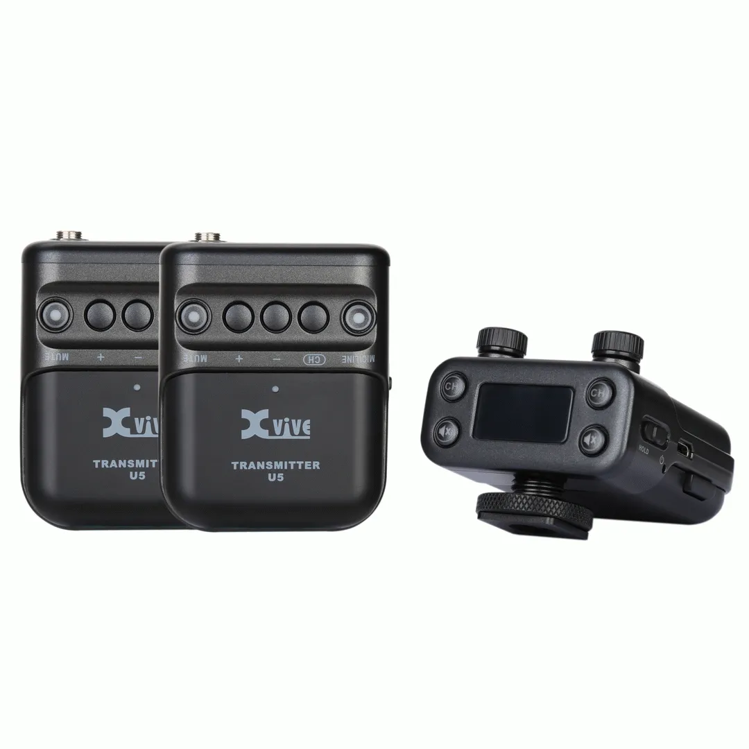 XVIVE U5 Camera-Mounted Wireless Audio for Video System. Two transmitters and one receiver.