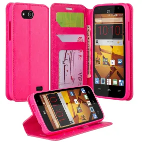 ZTE Speed Case, Wrist Strap Magnetic Fold[Kickstand] Pu Leather Wallet Case with ID & Credit Card Slots for ZTE Speed - Hot Pink