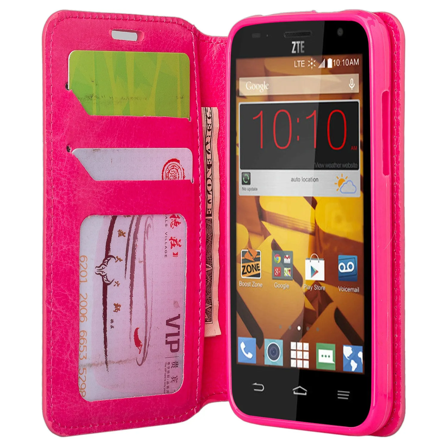 ZTE Speed Case, Wrist Strap Magnetic Fold[Kickstand] Pu Leather Wallet Case with ID & Credit Card Slots for ZTE Speed - Hot Pink